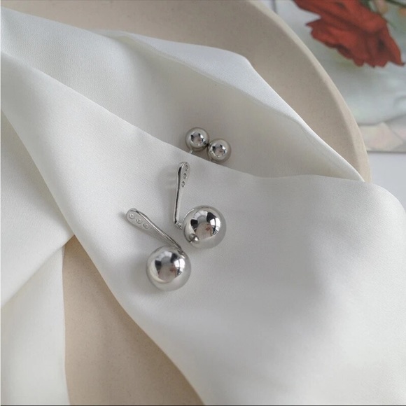 New Silver Ear Jacket Earrings with Double Ball - Picture 3 of 9